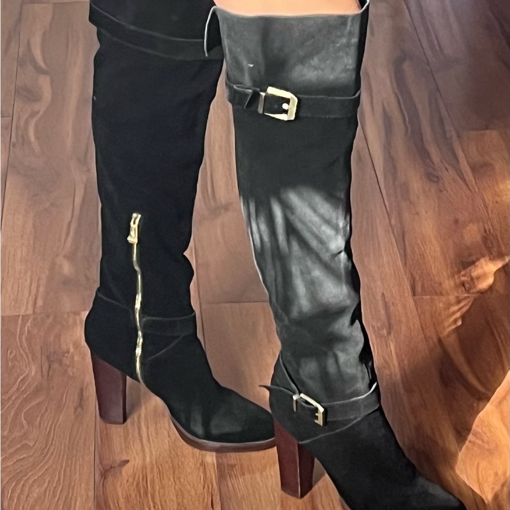 Report Signature Black Over-the-Knee Boots with Gold Buckles